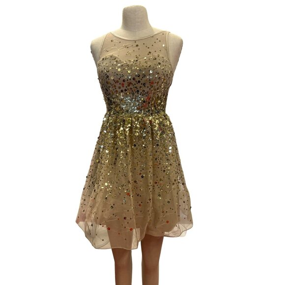 Sparkling Delias Gold Sequin Fit Flare Golden Sequined Dress Short Formal Cockta - Picture 3 of 7